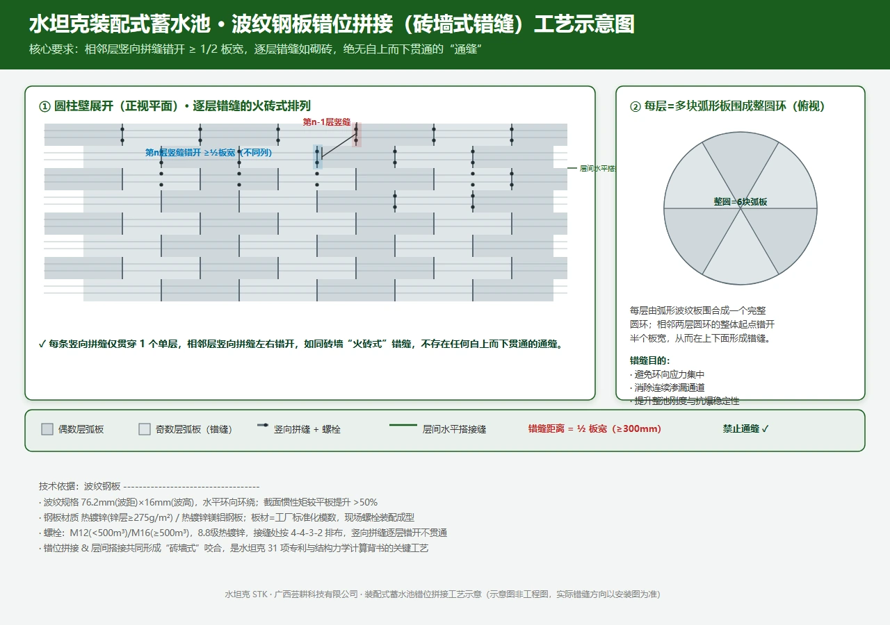 错位拼接工艺示意图，竖缝错开避免通缝