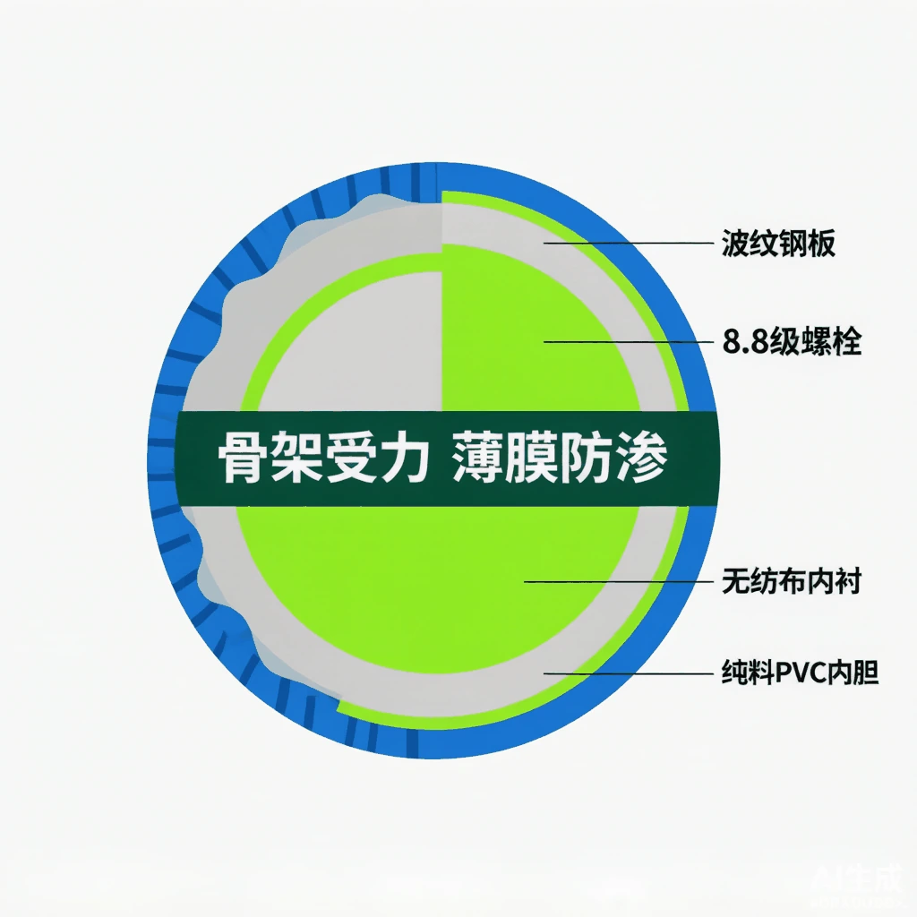 四层结构图：波纹钢板、PP无纺布、PVC内胆、水体